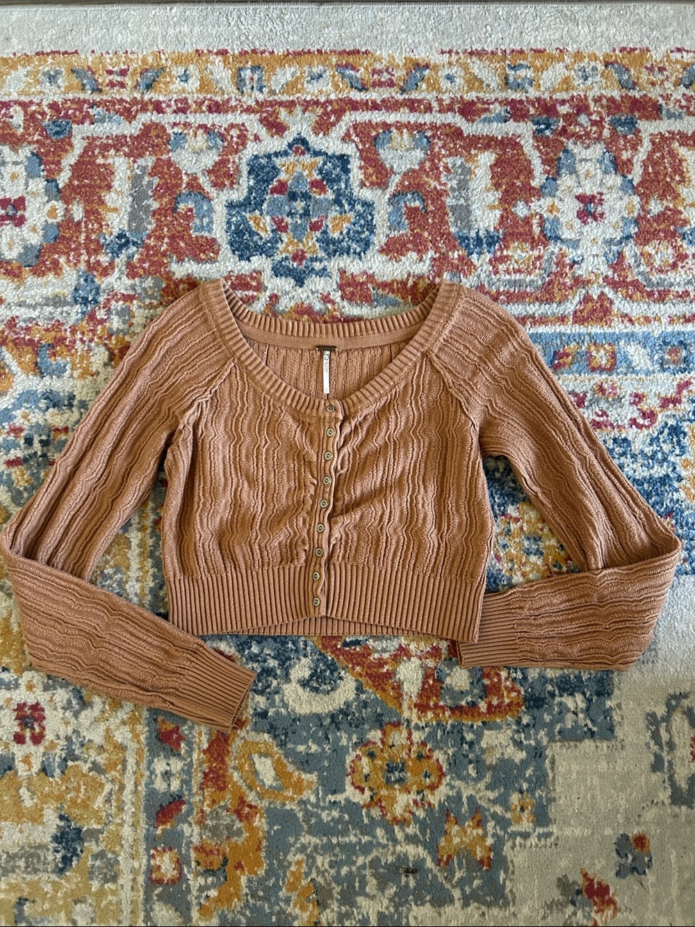 Free People Cropped Rib-Knit Button-Front Sweater Cardigan - Tan - Picture 2 of 5